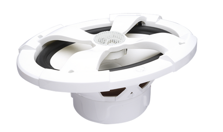 PowerBass XL-69M white 6x9-inch marine coaxial speaker, angled top and side view