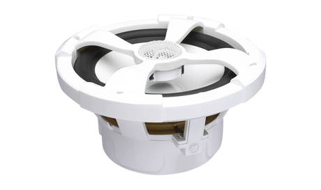 PowerBass XL-82M white 8-inch marine coaxial speaker, angled top and side view