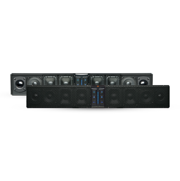 PowerBass XL-850 sound bar shown with and without the front grille