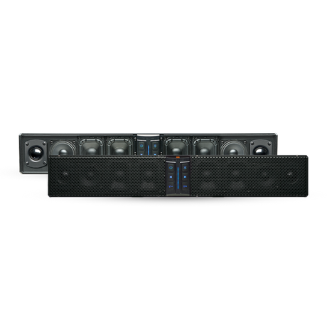 PowerBass XL-850 sound bar shown with and without the front grille