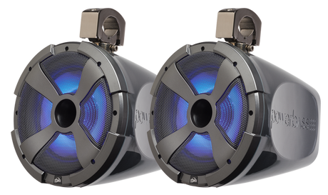 Pair of PowerBass XL-POD10LRG 10-inch marine speaker pods with blue RGB lighting and tower clamps
