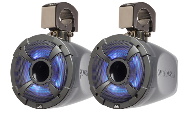 Pair of PowerBass XL-POD6LRG 6.5-inch marine speaker pods with blue RGB lighting and tower clamps