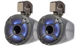 Pair of PowerBass XL-POD6LRG 6.5-inch marine speaker pods with blue RGB lighting and tower clamps