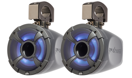 Pair of PowerBass XL-POD6LRG 6.5-inch marine speaker pods with blue RGB lighting and tower clamps