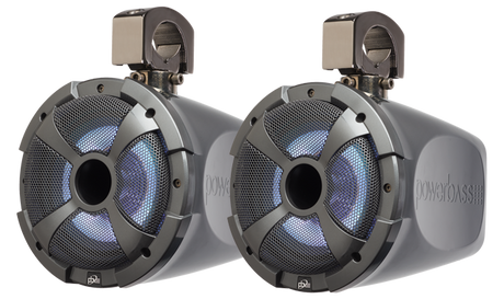 Pair of PowerBass XL-POD8LRG 8-inch marine speaker pods with illuminated grilles and tower clamps