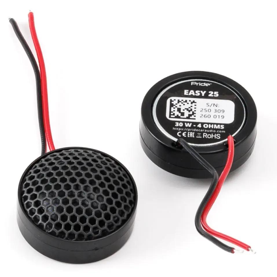 Pride Easy 25 tweeters shown from the grille and rear-label sides with red and black leads