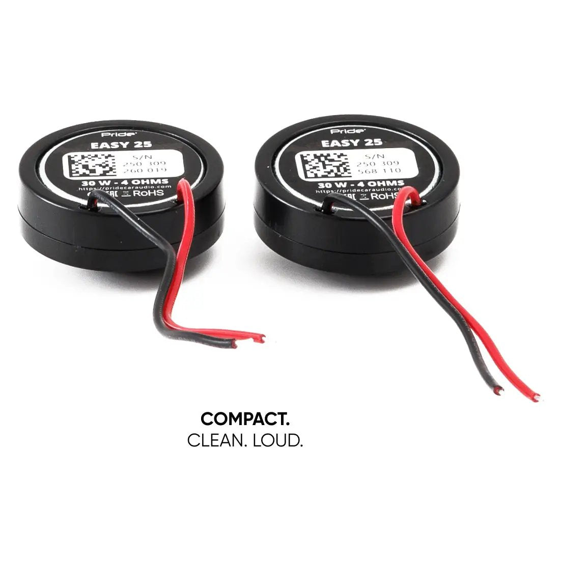 Rear view of two Pride Easy 25 tweeters with labels, terminals and attached wires
