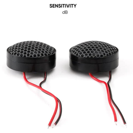 Two Pride Easy 25 tweeters viewed from the front through their round mesh grilles
