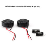 Pride dome tweeter pair with two crossover capacitors, labeled as included in the box