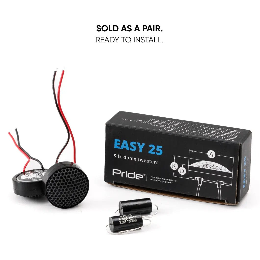 Pride Easy 25 tweeters, crossover capacitors and retail box, labeled as a ready-to-install pair