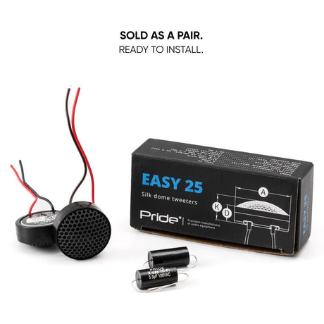 Pride Easy 25 tweeters, crossover capacitors and retail box, labeled as a ready-to-install pair