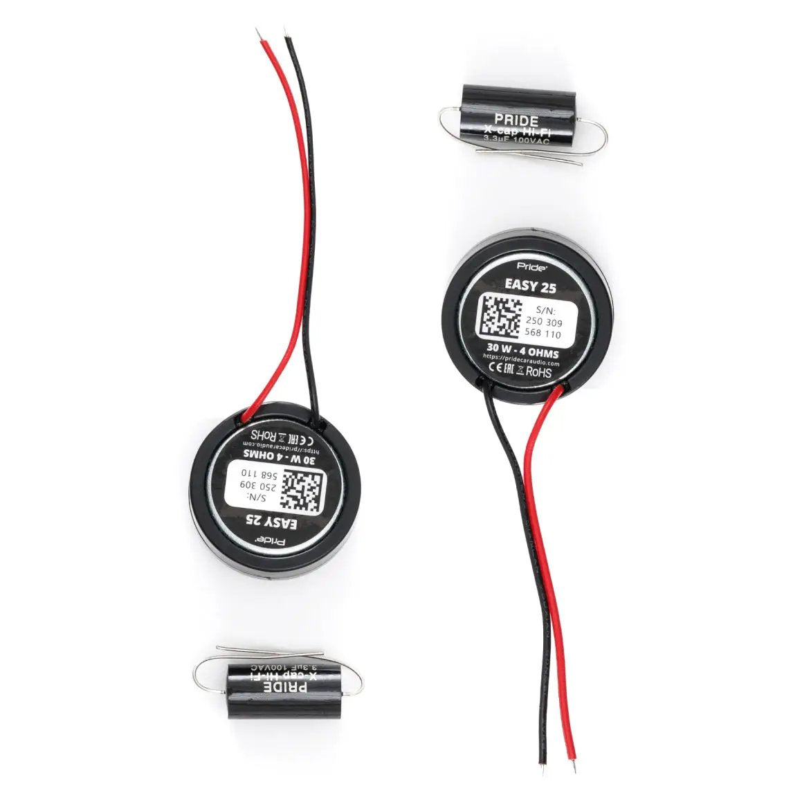 Rear view of two Pride Easy 25 tweeters beside their crossover capacitors