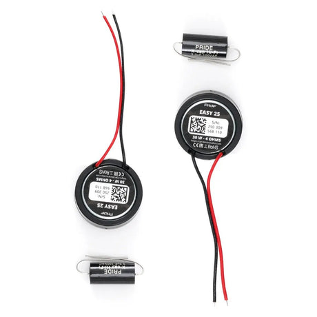 Rear view of two Pride Easy 25 tweeters beside their crossover capacitors