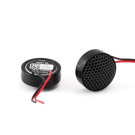 Pride Easy 25 tweeters shown from the front and rear with mesh grille and wiring visible