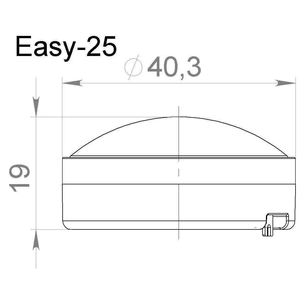 Pride Easy-25 side-profile dimension drawing with diameter marked 40.3 and overall height marked 19