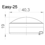 Pride Easy-25 side-profile dimension drawing with diameter marked 40.3 and overall height marked 19