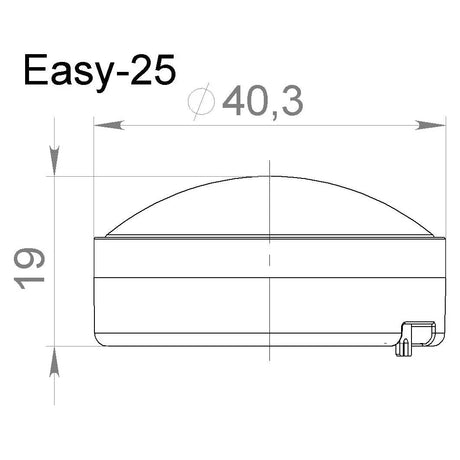 Pride Easy-25 side-profile dimension drawing with diameter marked 40.3 and overall height marked 19
