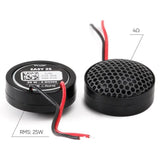 Pride Easy 25 tweeter front and rear views with callouts for 25 watts RMS and 4 ohms
