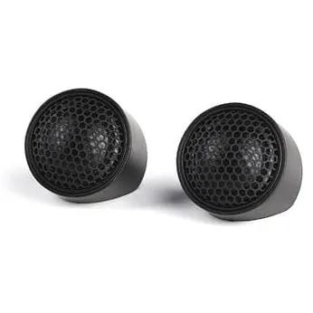 Pair of small black dome tweeters with perforated mesh grilles