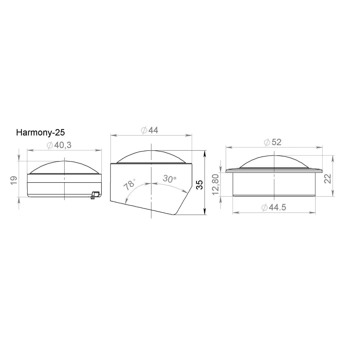 Pride Harmony-25 dimensional drawing showing three mounting configurations