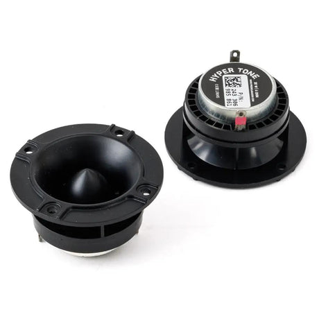 Front and rear views of black Pride Hyper Tone horn tweeters