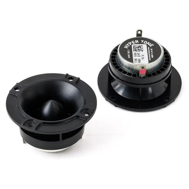Front and rear views of black Pride Hyper Tone horn tweeters