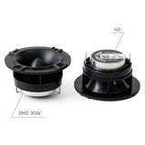 Pride horn tweeters shown from front and rear with graphic callouts for 4 ohms and 30 W RMS