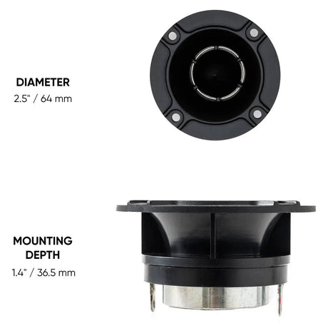 Pride horn tweeter dimension graphic showing a 2.5-inch diameter and 1.4-inch mounting depth