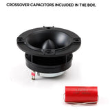Pride Hyper Tone tweeter beside a red capacitor, with text stating crossover capacitors are included