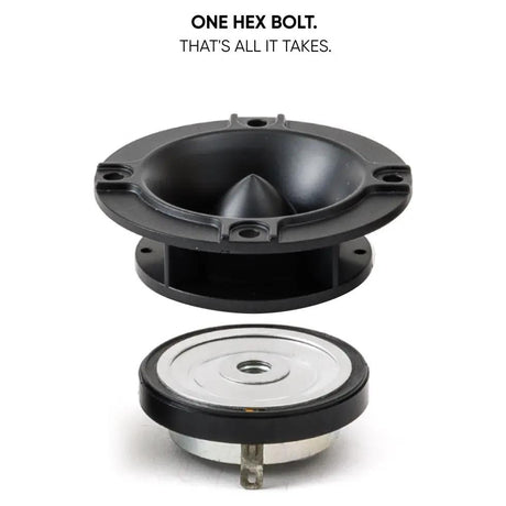 Pride horn tweeter exploded view highlighting single-hex-bolt disassembly