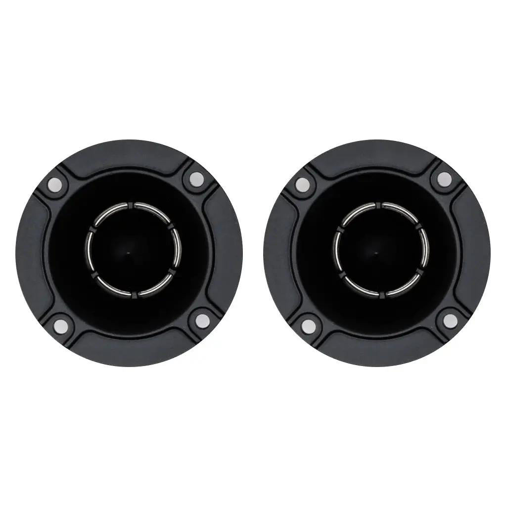 Front view of two black horn tweeters with four mounting holes each