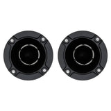 Front view of two black horn tweeters with four mounting holes each