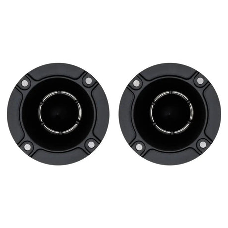 Front view of two black horn tweeters with four mounting holes each