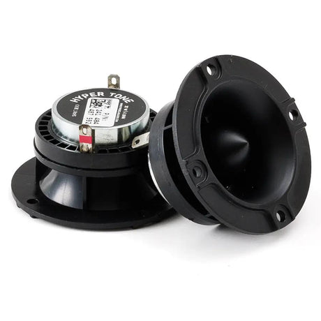 Pride Hyper Tone tweeter pair, angled front and rear views with the rear model label visible