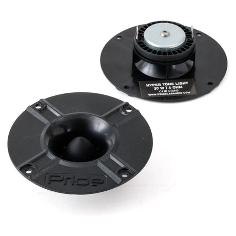 Front and rear views of Pride Hyper Tone Light horn tweeters with a printed 30-watt, 4-ohm label
