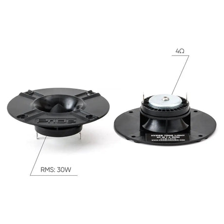 Pride Hyper Tone Light tweeters shown from front and rear with 4-ohm and 30 W RMS graphic callouts