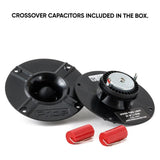 Pride Hyper Tone Light tweeters with two red crossover capacitors, labeled as included in the box
