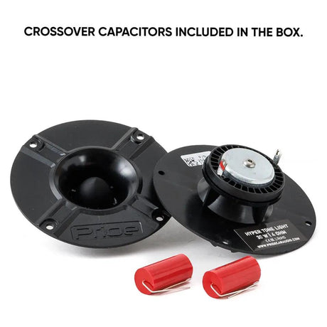 Pride Hyper Tone Light tweeters with two red crossover capacitors, labeled as included in the box