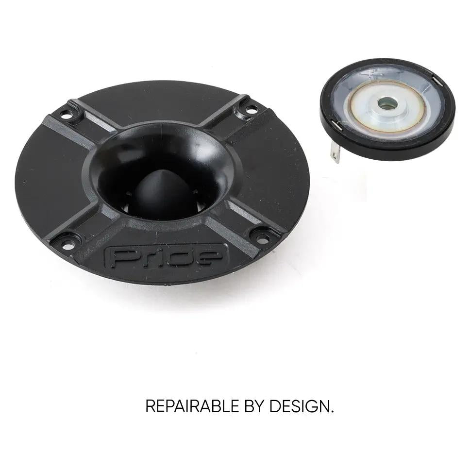 Pride Hyper Tone Light tweeter with its diaphragm and horn separated, illustrating repairable construction