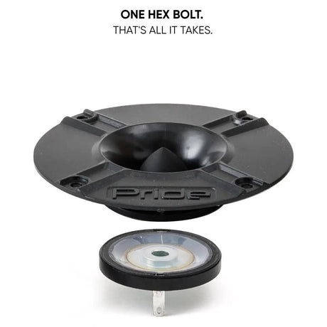 Pride horn tweeter exploded view highlighting single-hex-bolt disassembly