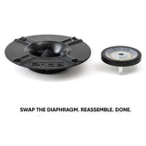 Pride Hyper Tone Light tweeter with its removable diaphragm, showing diaphragm replacement before reassembly