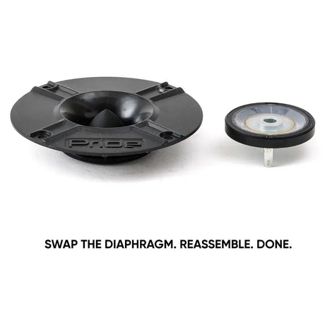 Pride Hyper Tone Light tweeter with its removable diaphragm, showing diaphragm replacement before reassembly