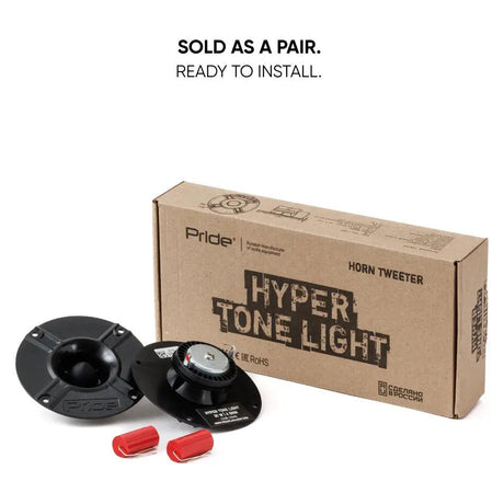 Pride Hyper Tone Light tweeters, red crossover capacitors and retail box, labeled as a ready-to-install pair