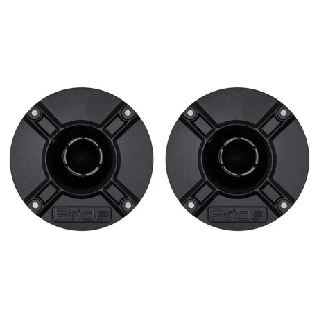 Pride horn tweeter pair, straight front views of the black flanges and central phase plugs