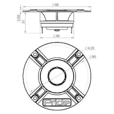 Pride Hyper Tone Light dimensional drawing with a 99 mm outer diameter and 90 mm mounting-hole circle