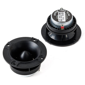 Hyper Tone Plus tweeters shown from the front and rear, with labeled magnets and mounting flanges