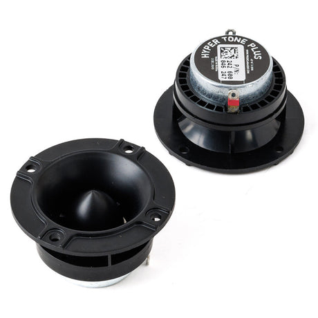 Hyper Tone Plus tweeters shown from the front and rear, with labeled magnets and mounting flanges
