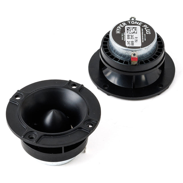 Hyper Tone Plus tweeters shown from the front and rear, with labeled magnets and mounting flanges