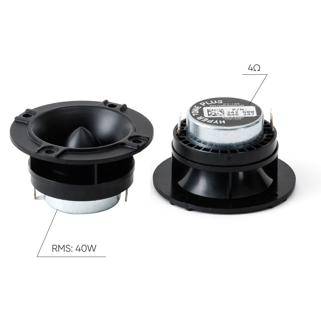 Pride Hyper Tone Plus tweeters shown from front and rear with 4-ohm and 40 W RMS graphic callouts