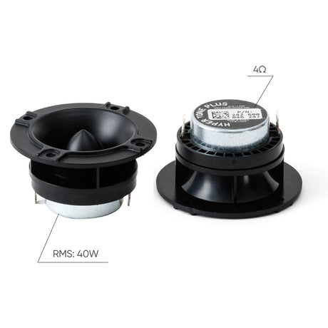 Pride Hyper Tone Plus tweeters shown from front and rear with 4-ohm and 40 W RMS graphic callouts